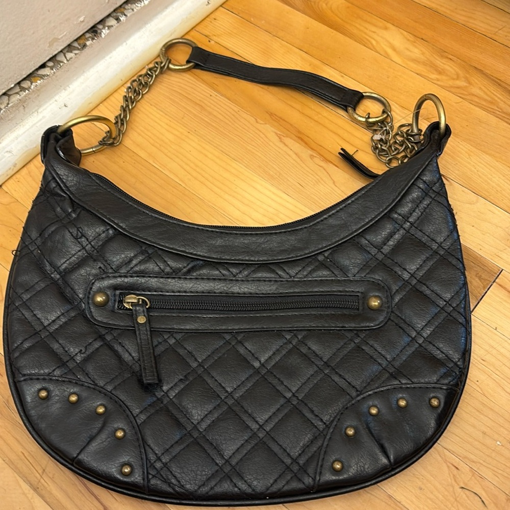 VENETO Quilted Hobo Leather Black W/chain